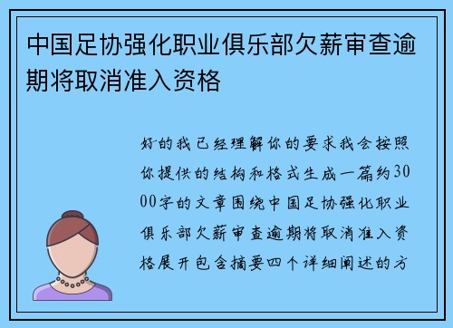 中国足协强化职业俱乐部欠薪审查逾期将取消准入资格