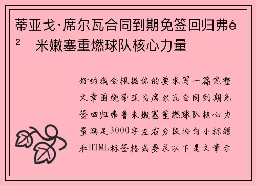 蒂亚戈·席尔瓦合同到期免签回归弗鲁米嫩塞重燃球队核心力量